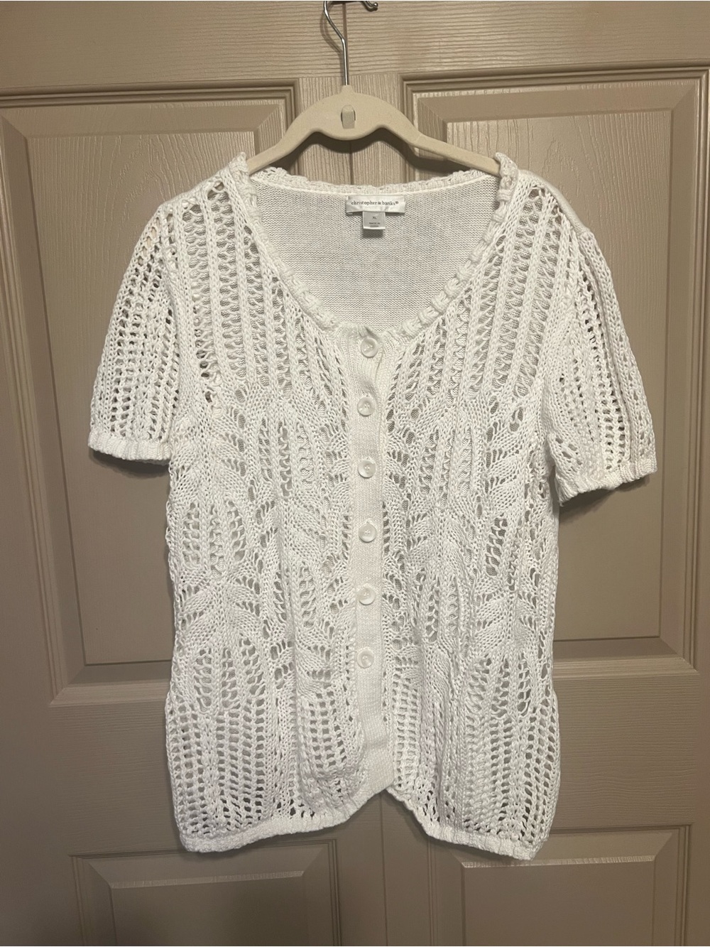 Christopher & Banks White Crochet Button-Front Short Sleeve Cardigan
